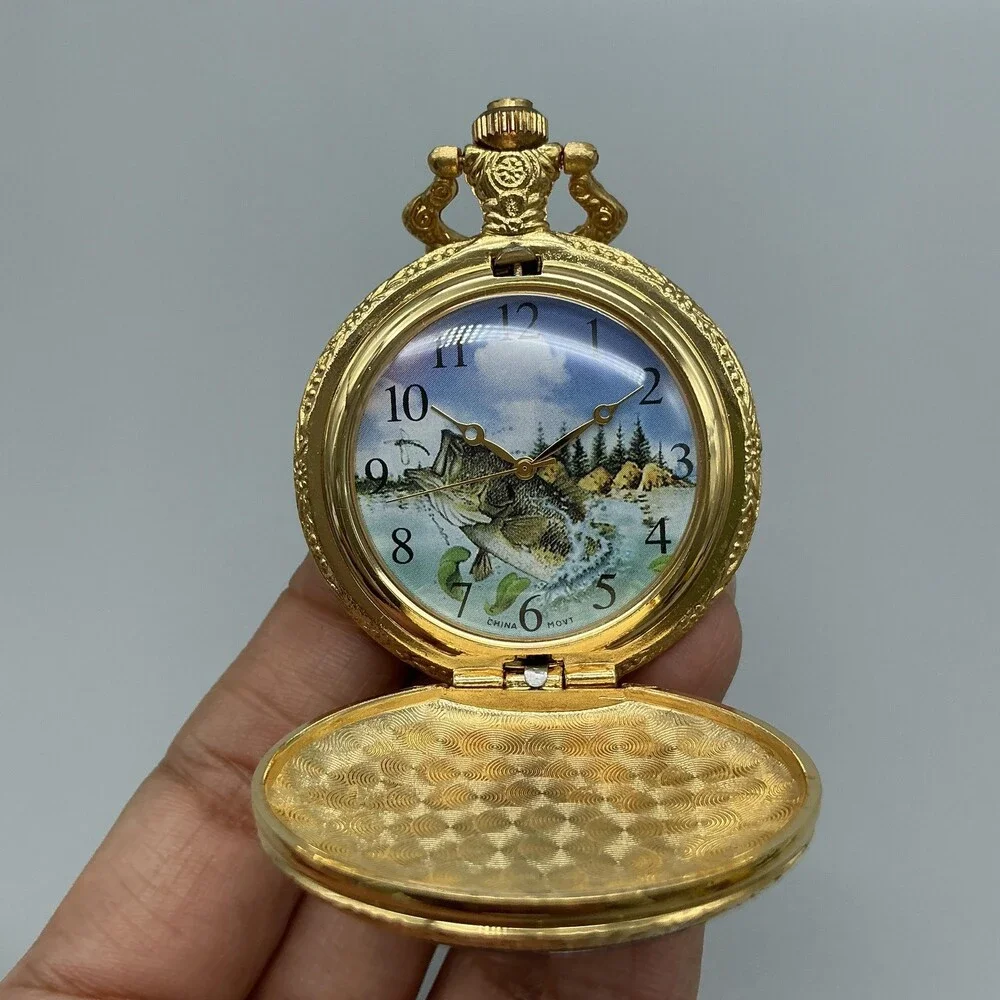 Largemouth Bass Pocket Watch Men 46mm Gold Tone Full Hunter Chain New Battery